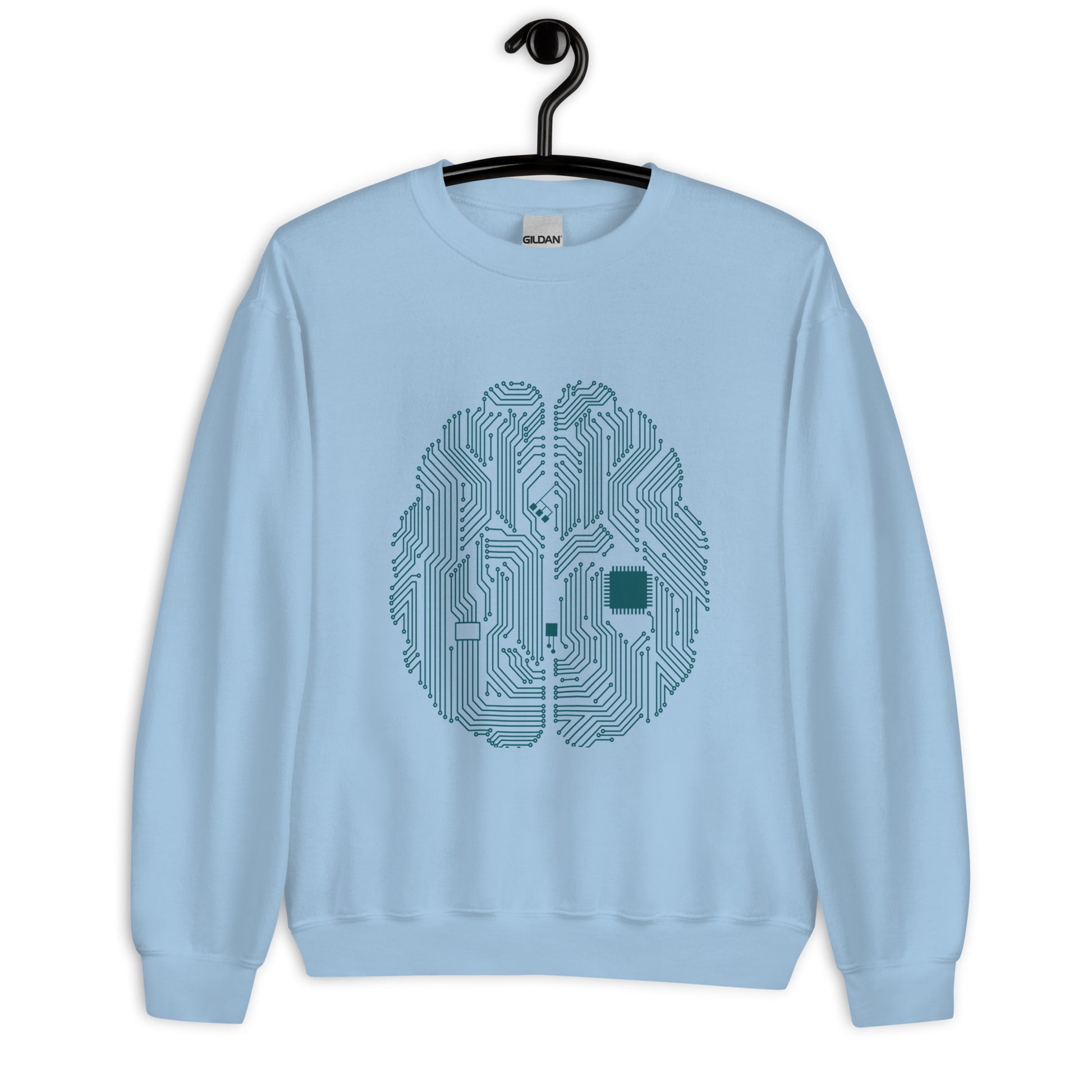 Light blue sweatshirt for men and women with a prinf of a CPU brain