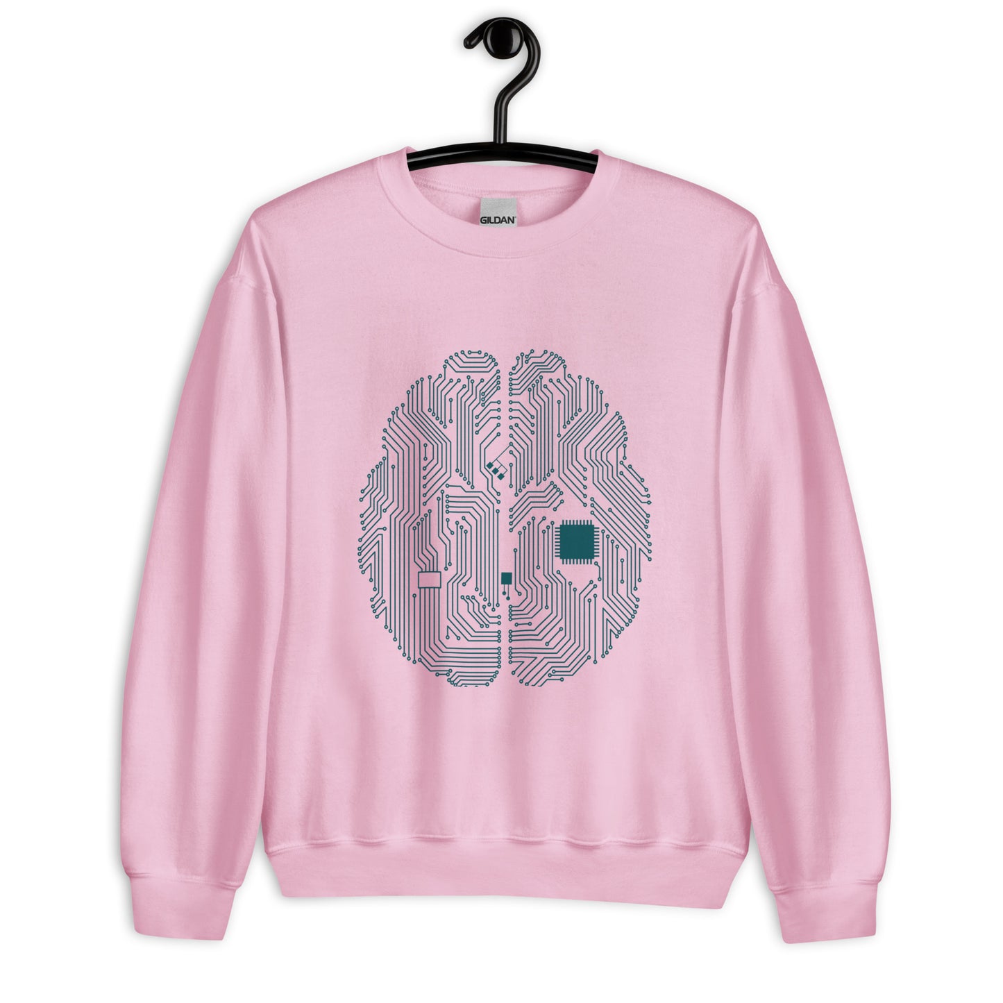 Pink sweatshirt for men and women with a print of a CPU brain