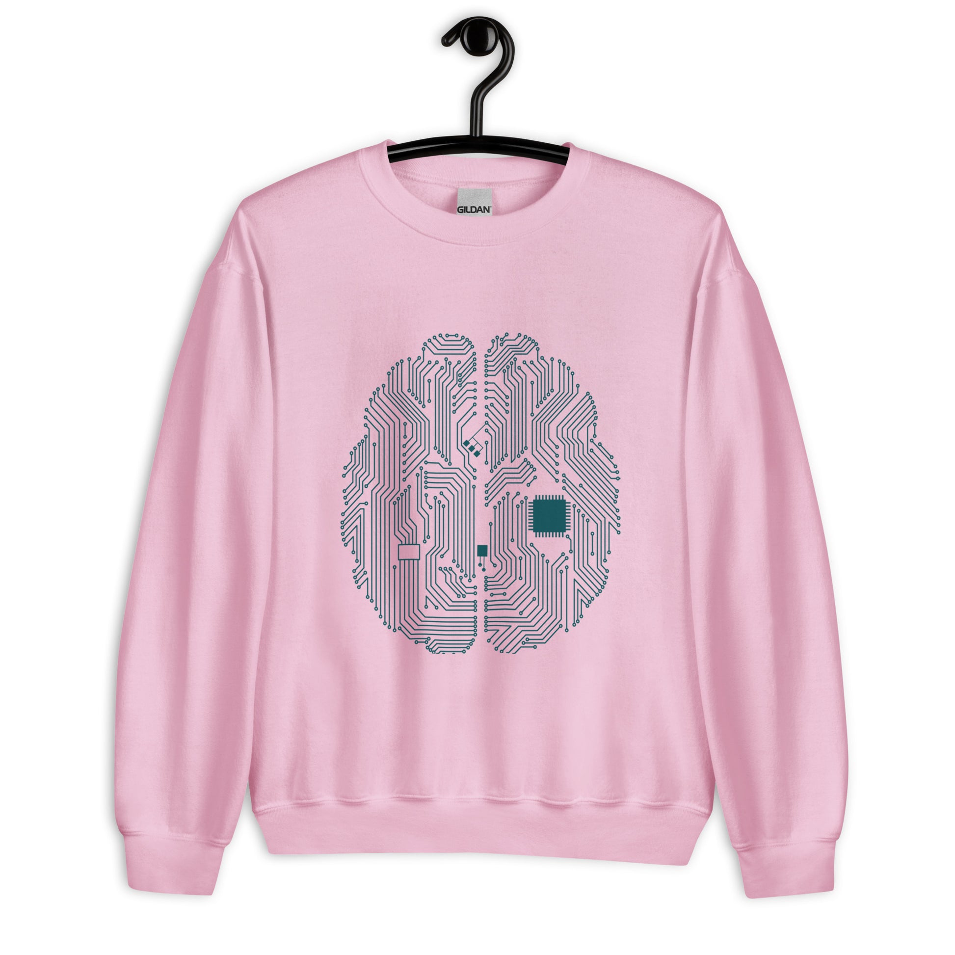 Pink sweatshirt for men and women with a print of a CPU brain