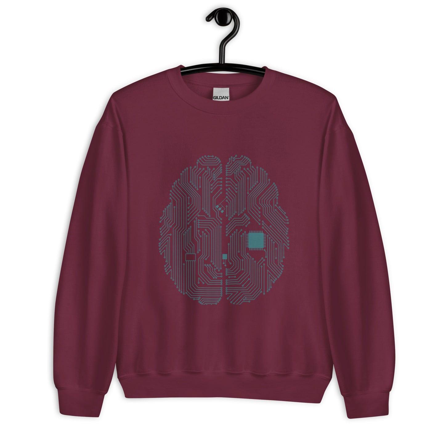 Maroon sweatshirt for men and women with a prinf of a CPU brain