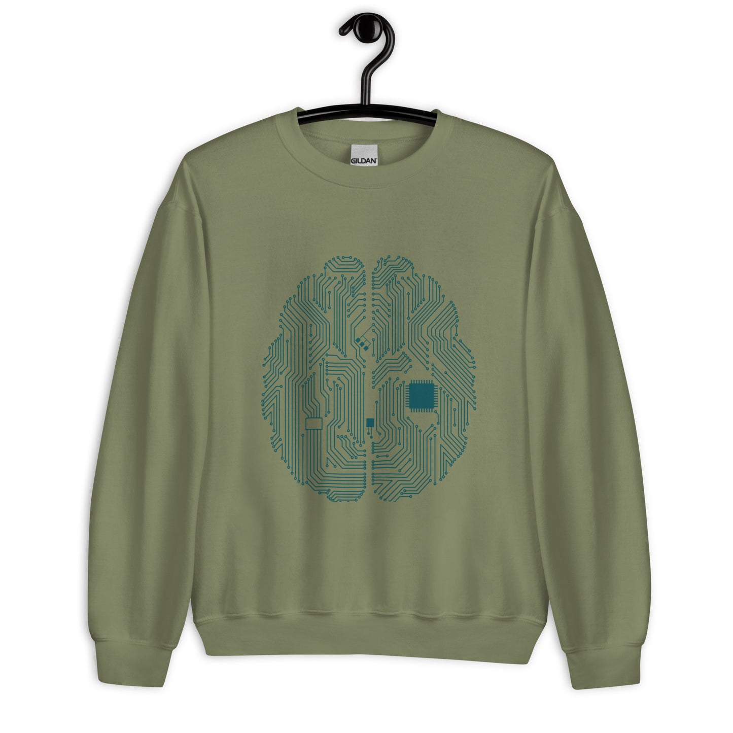 Military green sweatshirt for men and women with a prinf of a CPU brain