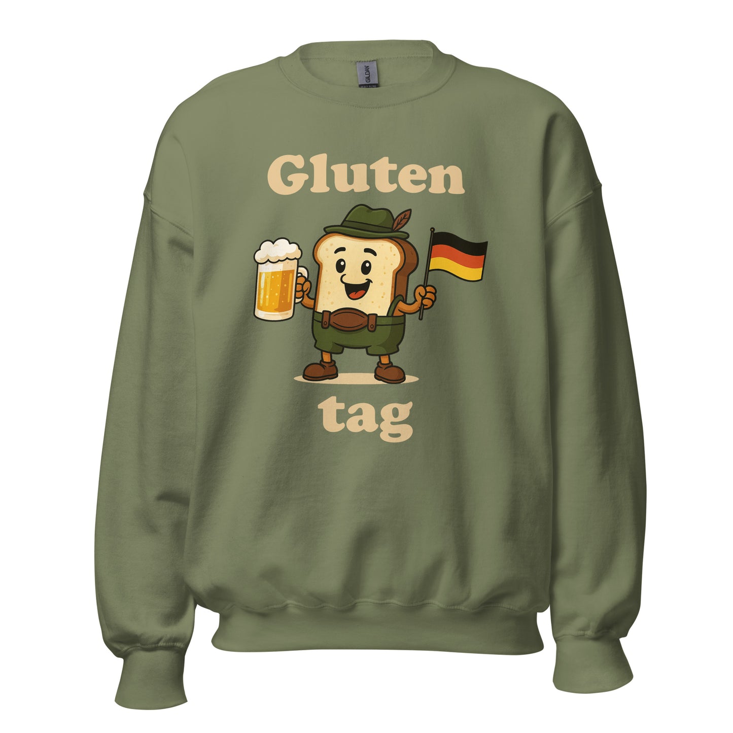 Green sweater with a toast with lederhosen and a glass of bier and a german flagg