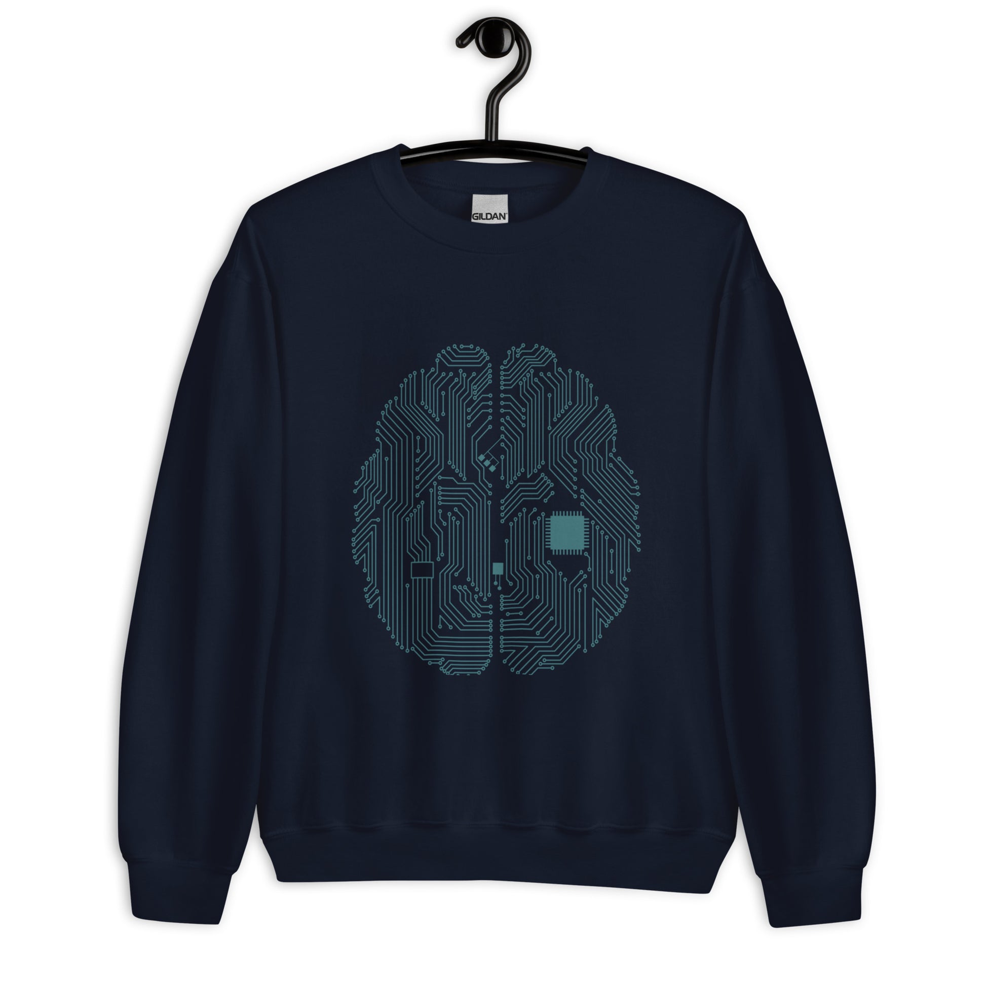 Navy blue sweatshirt for men and women with a prinf of a CPU brain