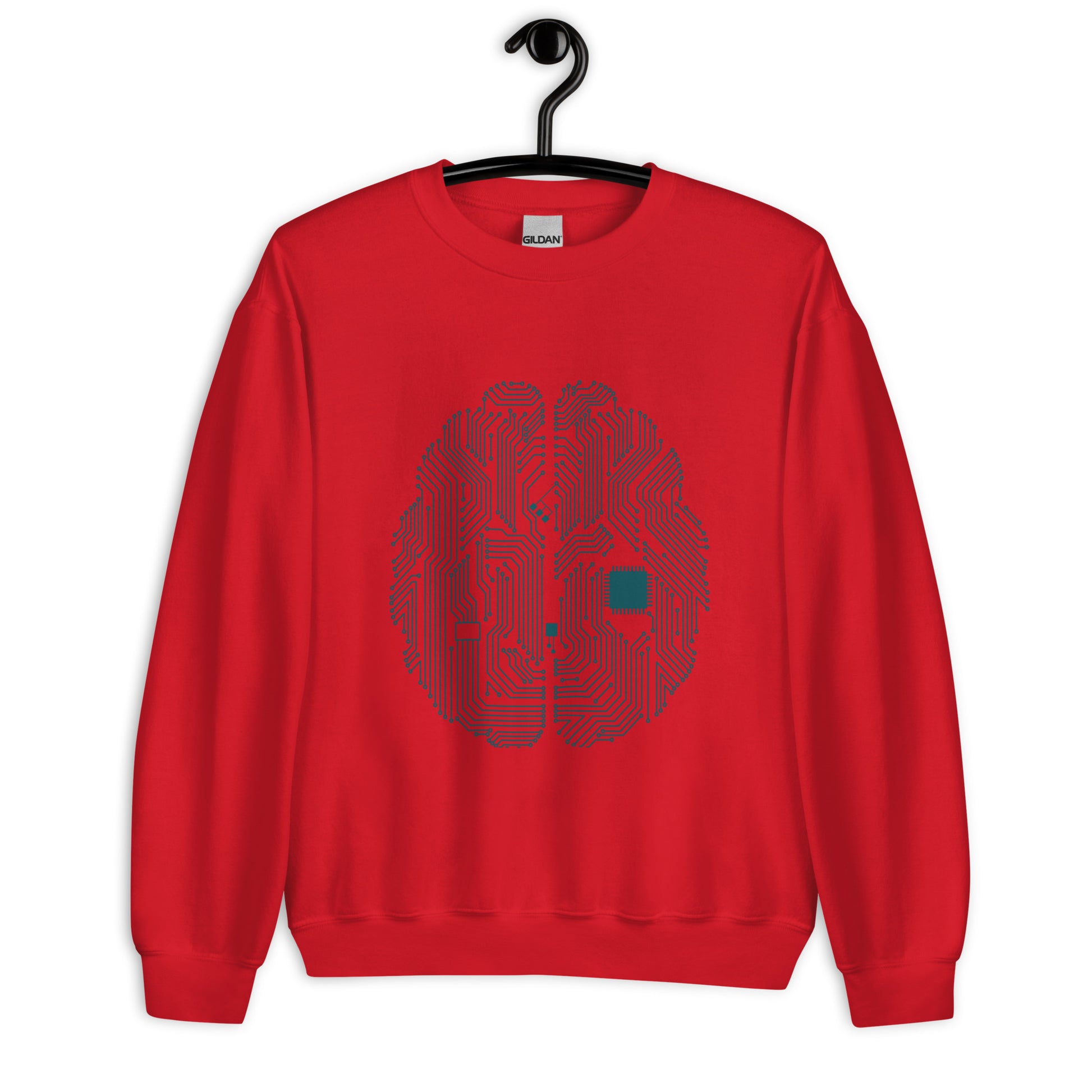 Red sweatshirt for men and women with a prinf of a CPU brain