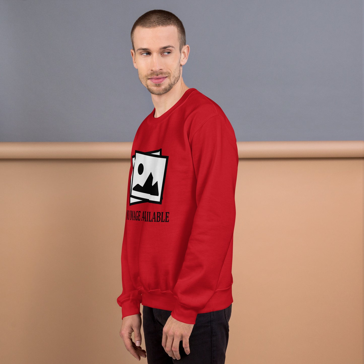 Men with red sweatshirt with image and text "no image available"