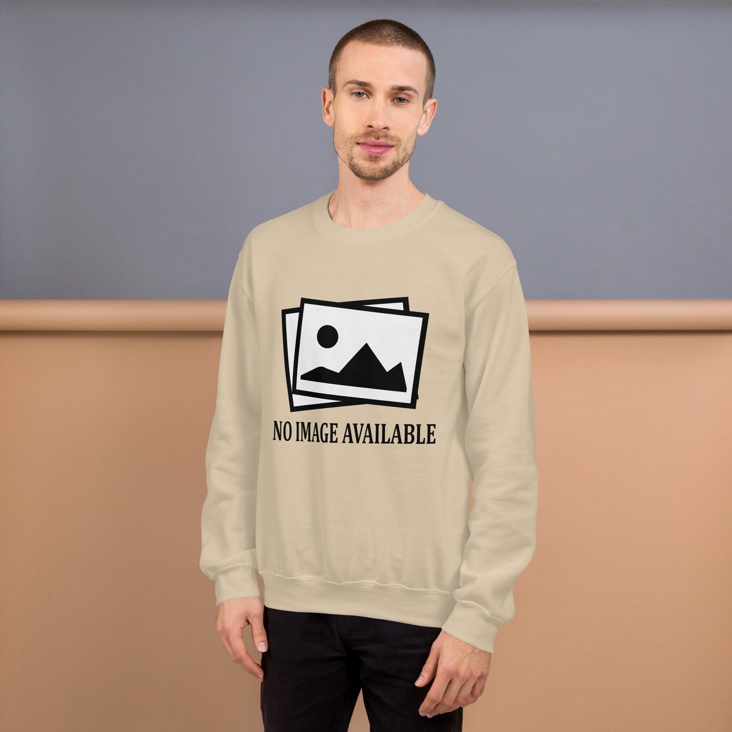 Men with sand sweatshirt with image and text "no image available"