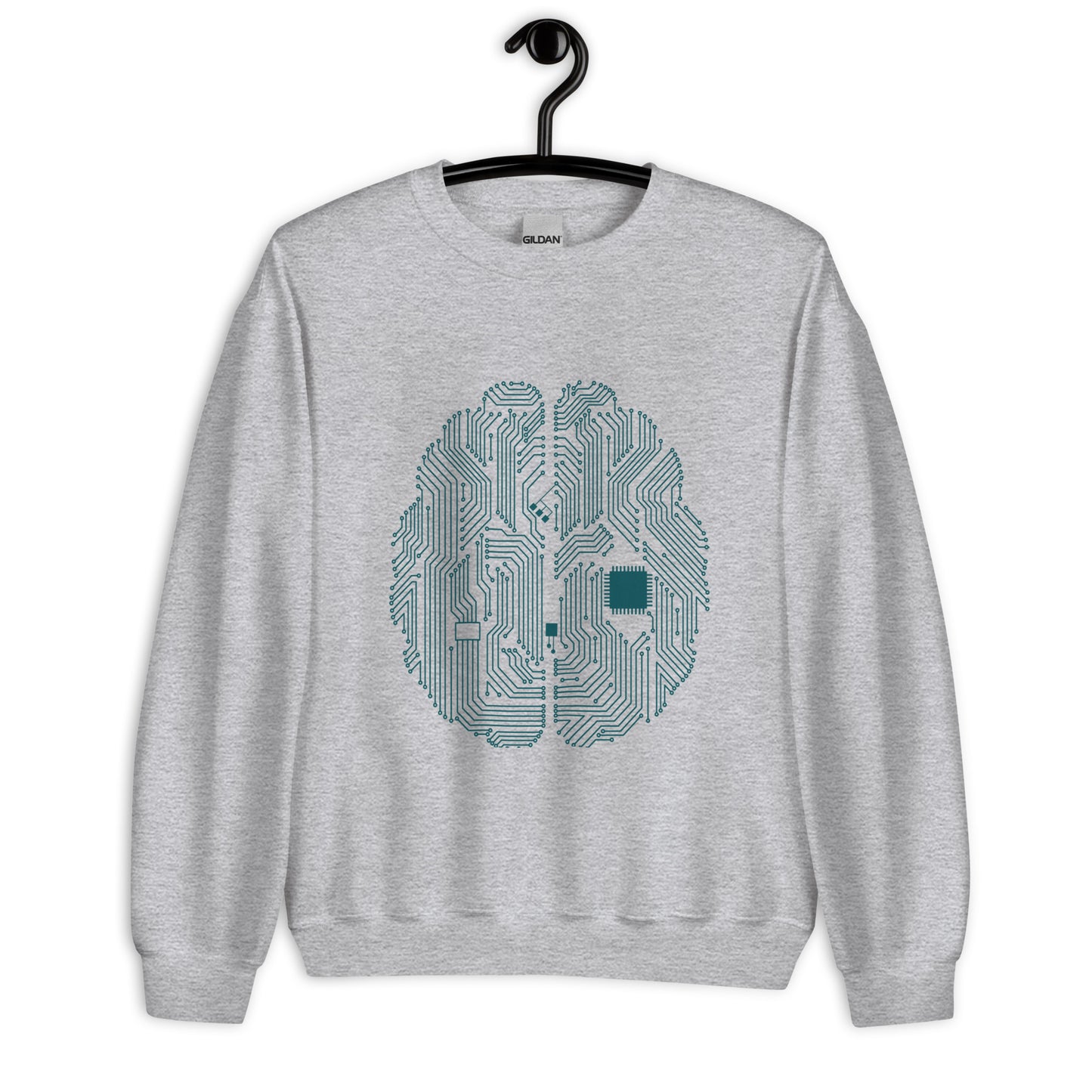 Sport grey sweatshirt for men and women with a prinf of a CPU brain