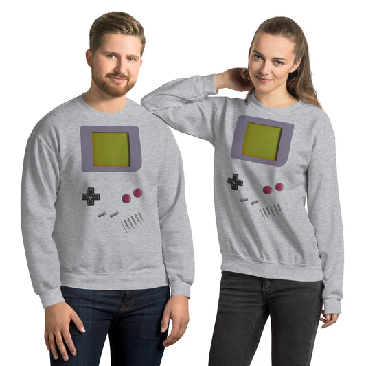 men and woman with a grey sweatshirt with a print of gameboy