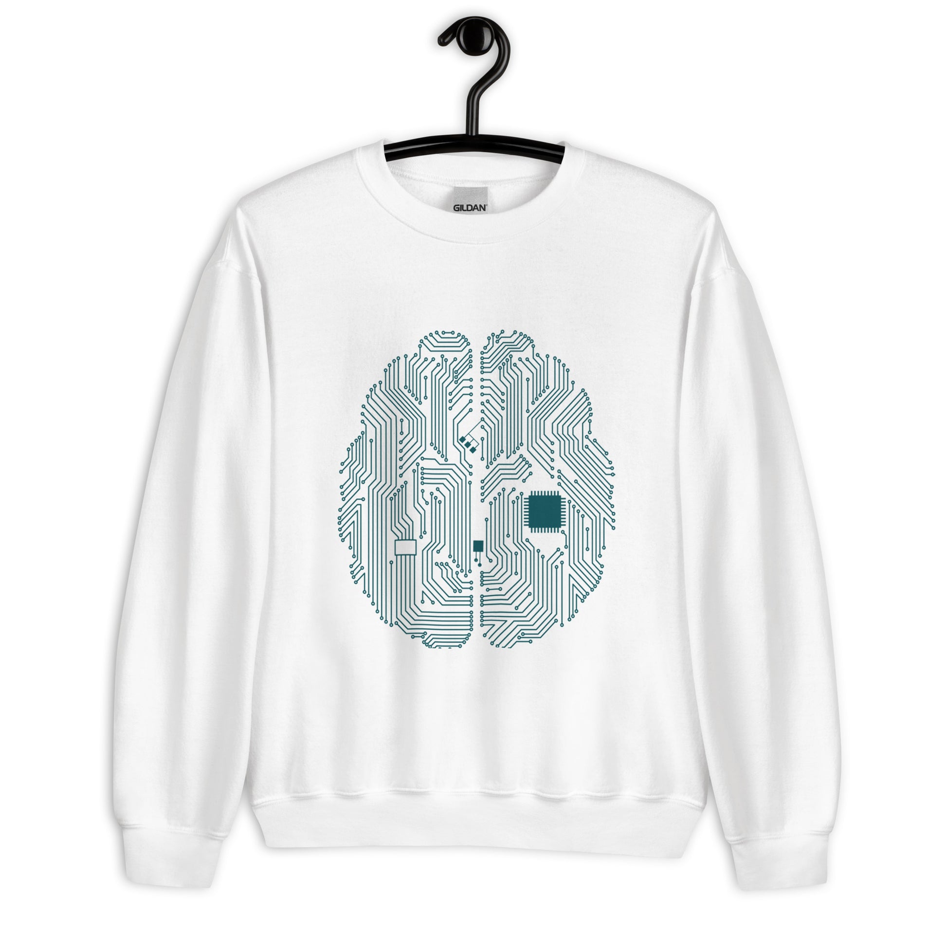 White sweatshirt for men and women with a print of a CPU brain