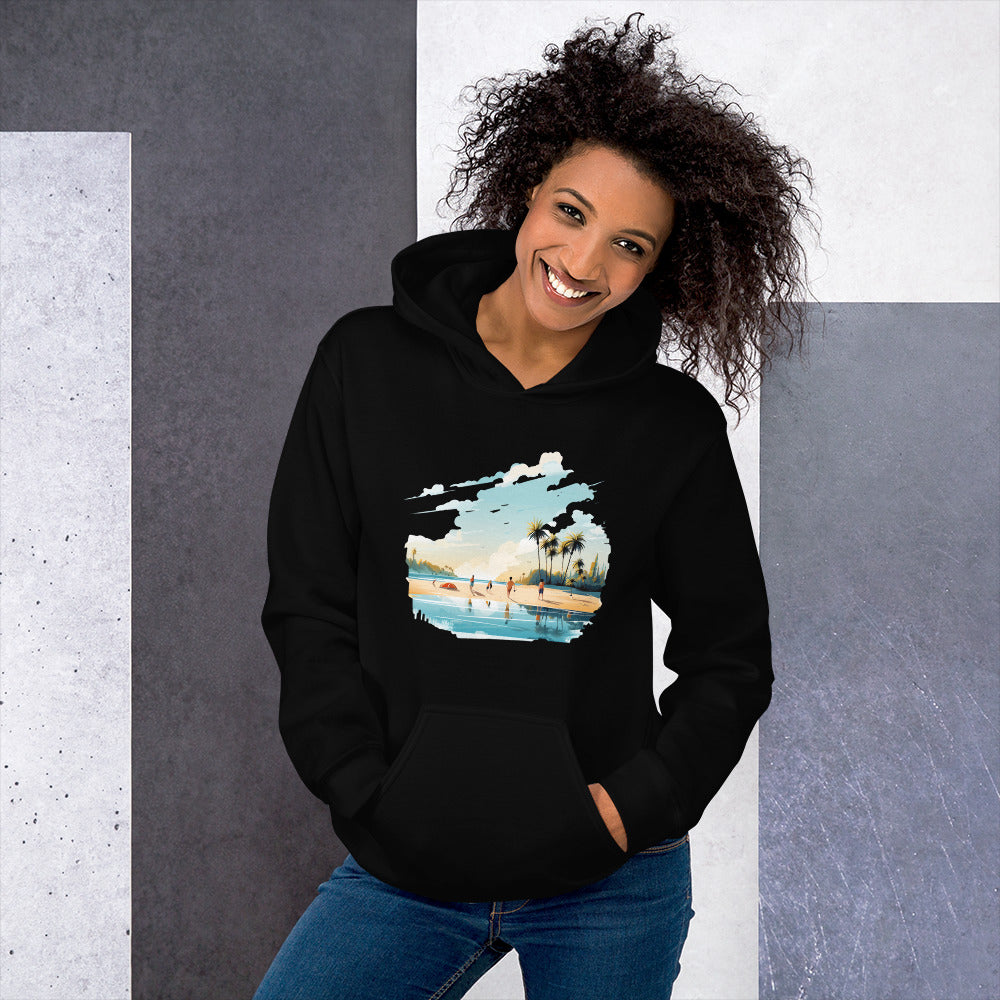 Women with black hoodie and a picture of a island with sea and sand