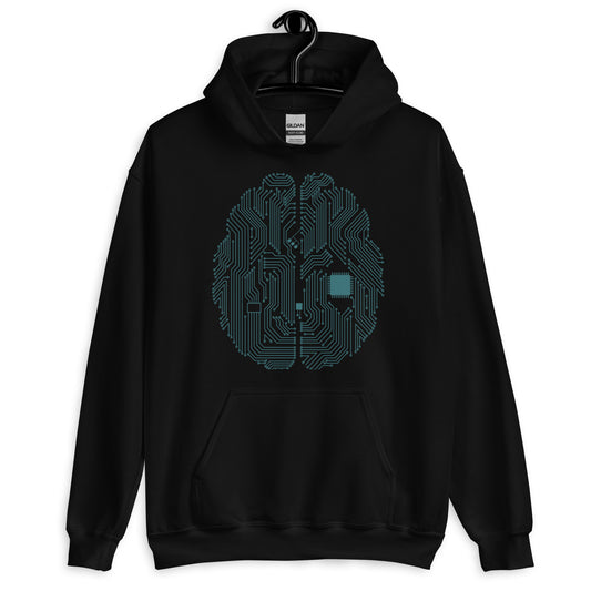 Black hoodie for men and women with a print of a CPU brain