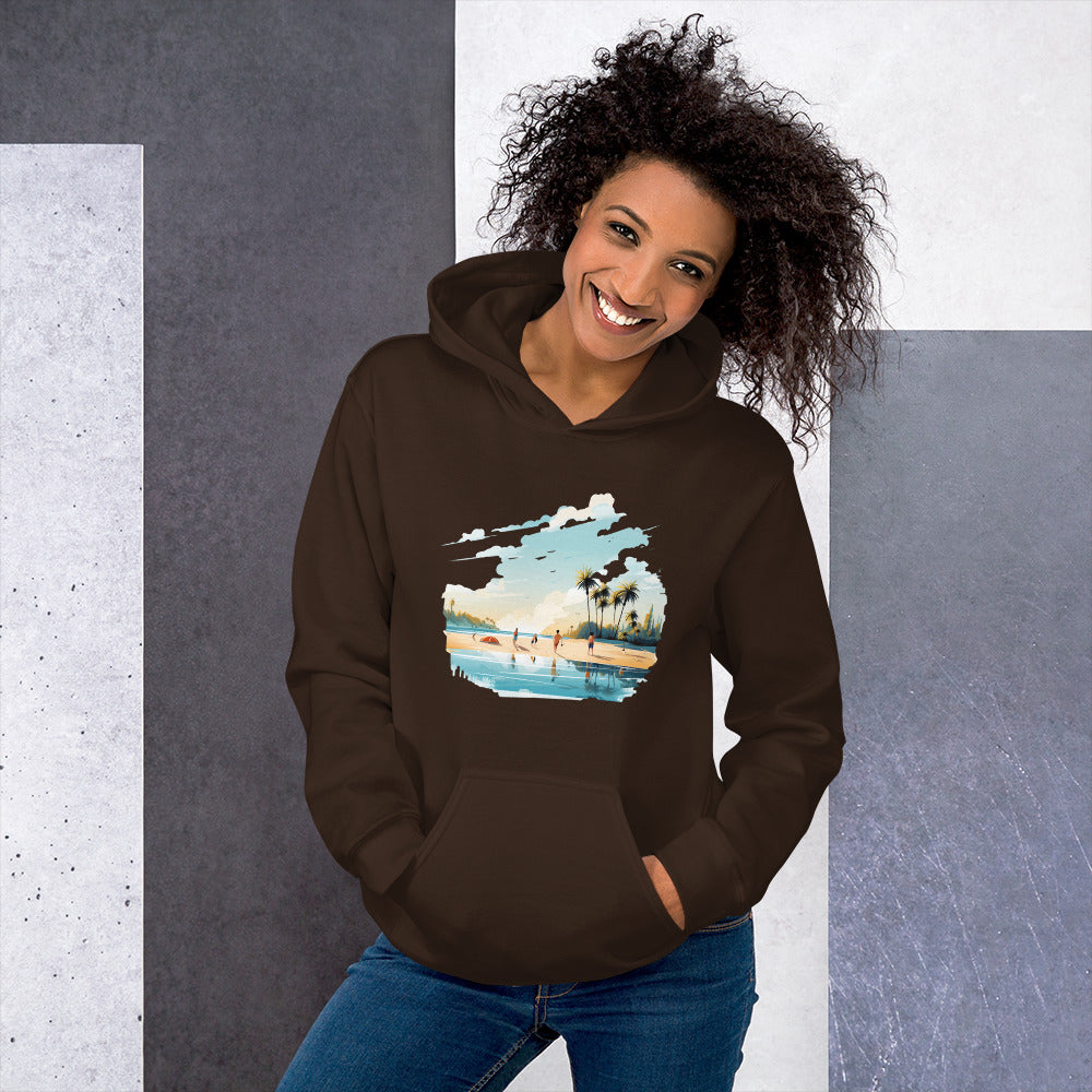 Women with dark chocolate hoodie and a picture of a island with sea and sand