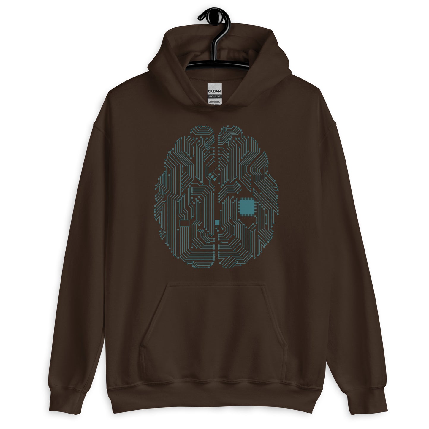 Dark Chocolate hoodie for men and women with a prinf of a CPU brain