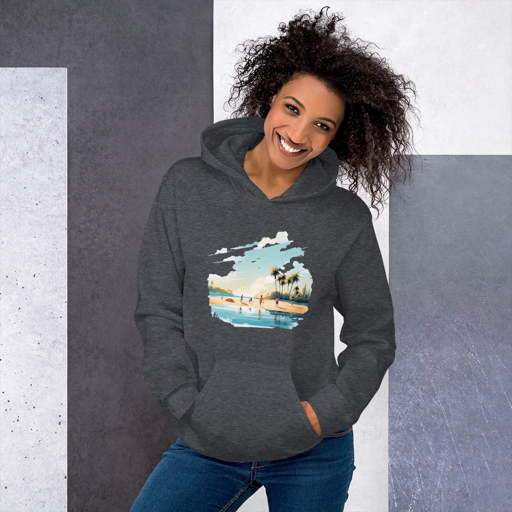 Women with dark heather hoodie and a picture of a island with sea and sand