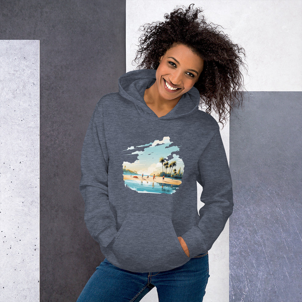 Women with dark navy hoodie and a picture of a island with sea and sand
