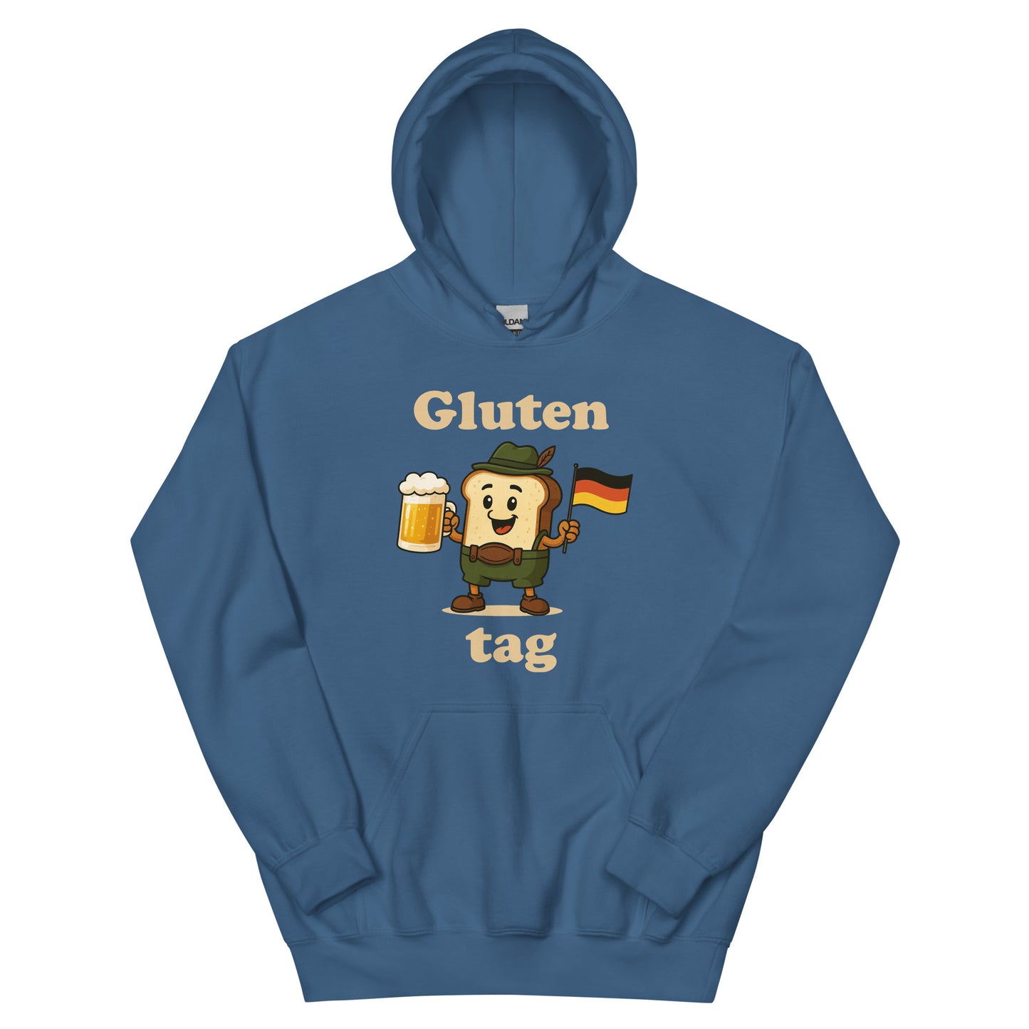 Blue hoodie with a toast with lederhosen and a glass of bier and a german flagg