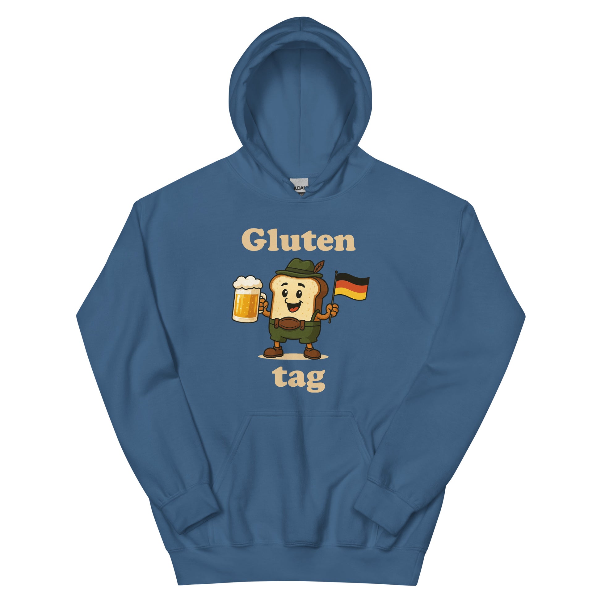 Blue hoodie with a toast with lederhosen and a glass of bier and a german flagg