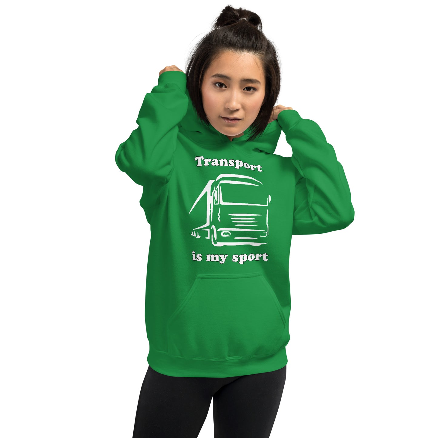 Woman with Irish green hoodie with picture of truck and text "Transport is my sport"