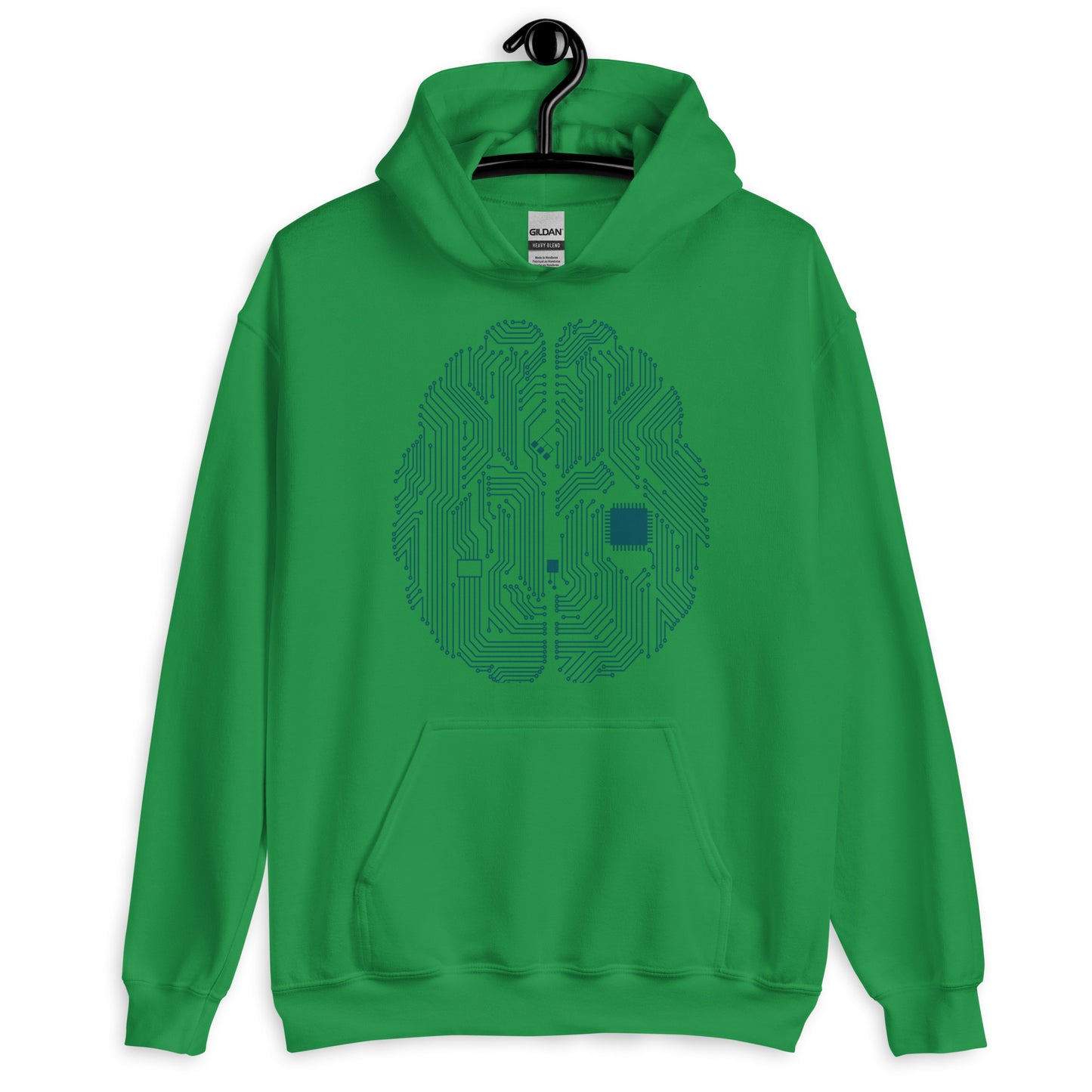 Irish green hoodie for men and women with a prinf of a CPU brain