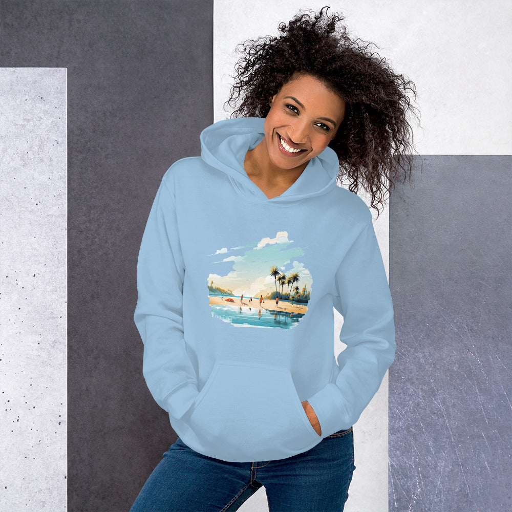 Women with light blue hoodie and a picture of a island with sea and sand