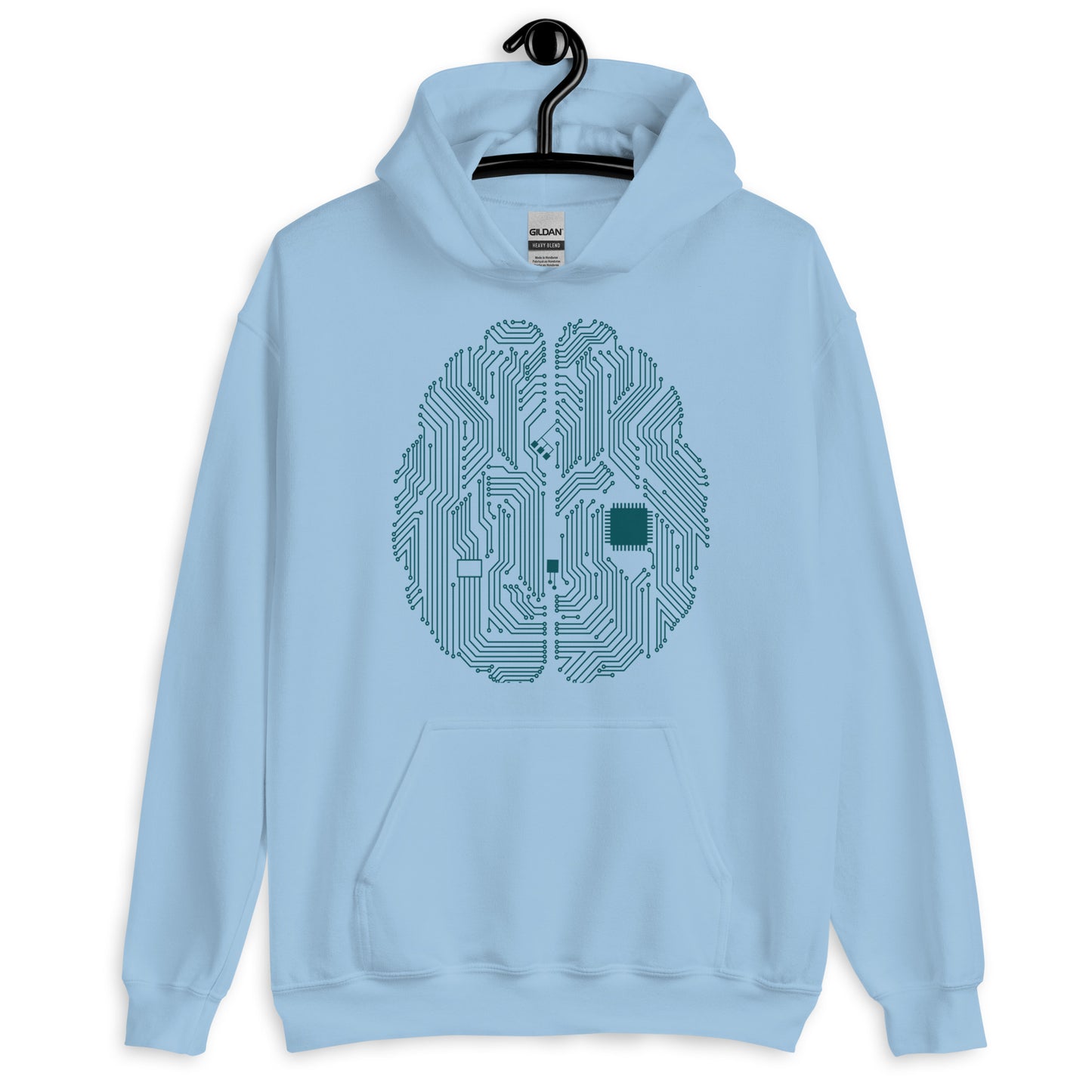 Light blue hoodie for men and women with a prinf of a CPU brain