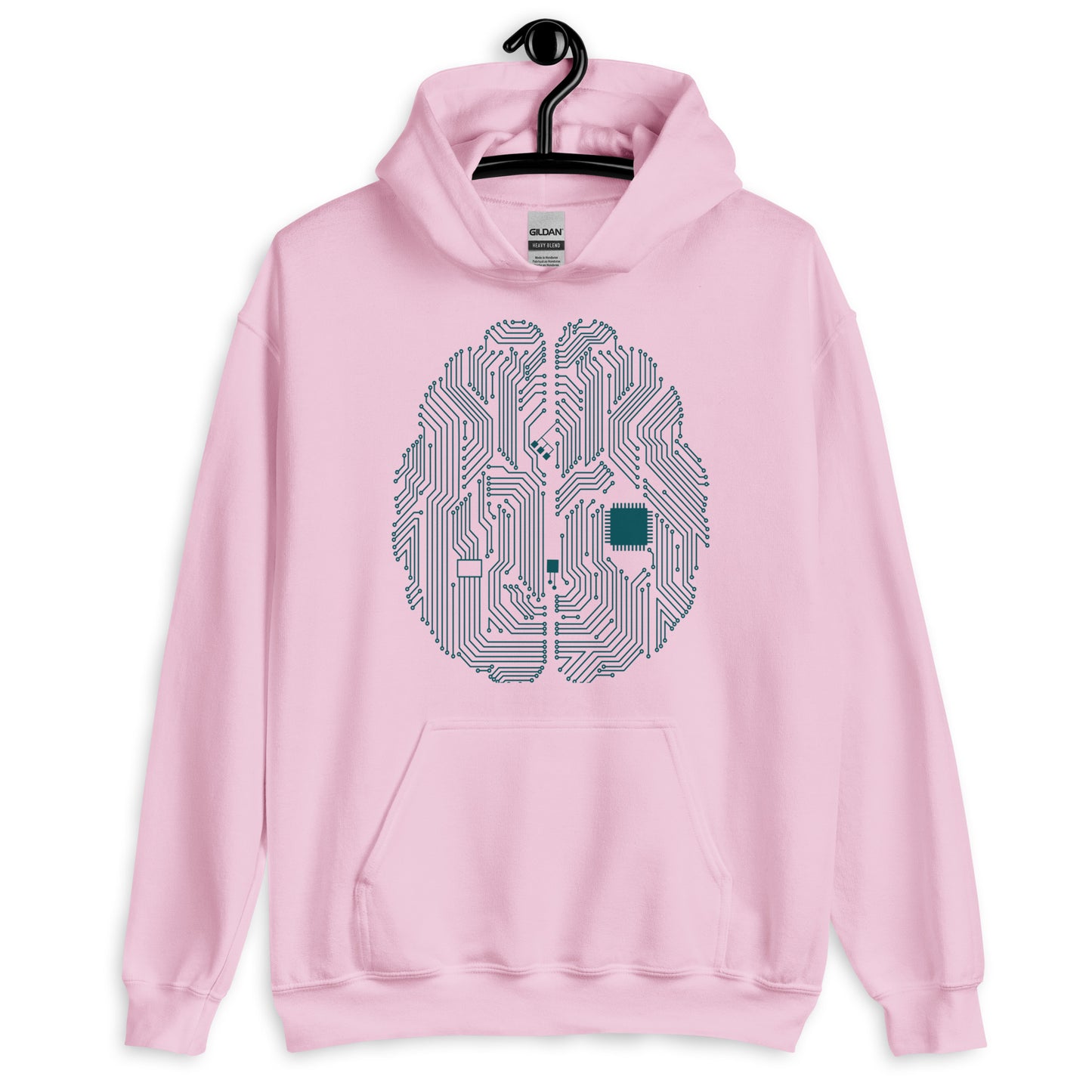 Pink hoodie for men and women with a prinf of a CPU brain