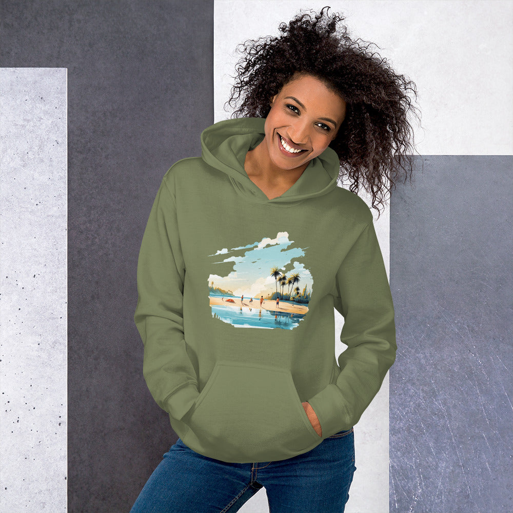 Women with military green hoodie and a picture of a island with sea and sand