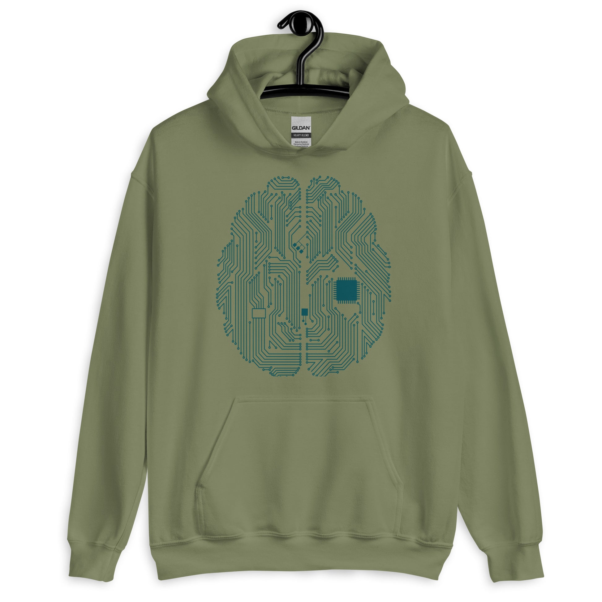 Military green hoodie for men and women with a prinf of a CPU brain