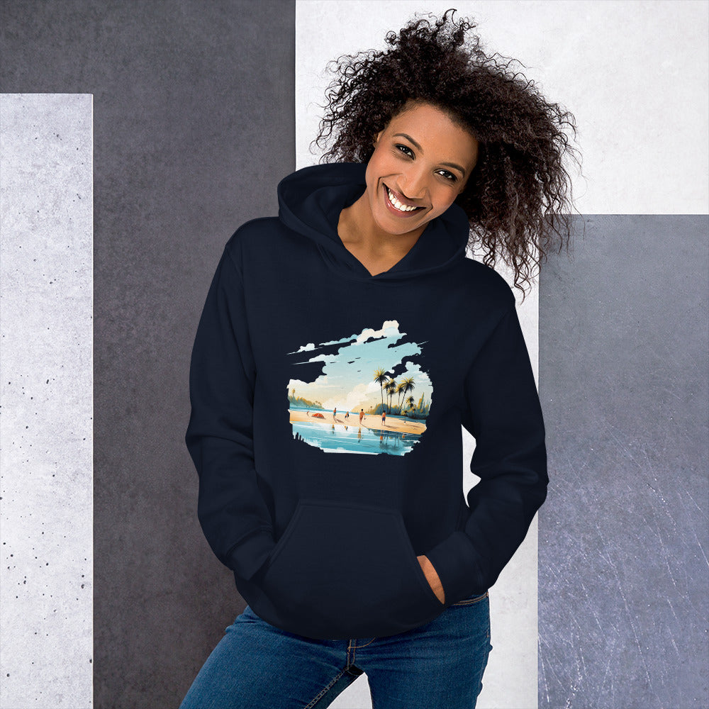 Women with navy hoodie and a picture of a island with sea and sand