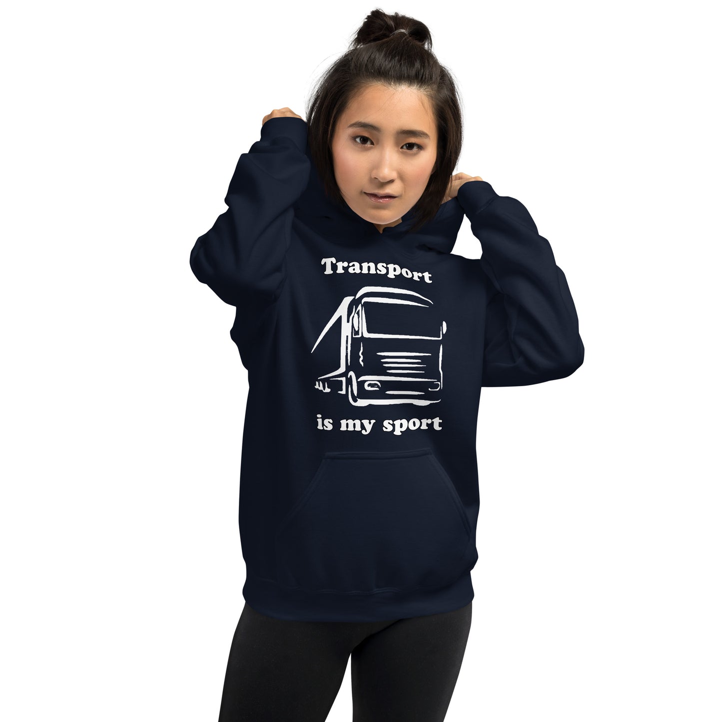 Woman with navy blue hoodie with picture of truck and text "Transport is my sport"