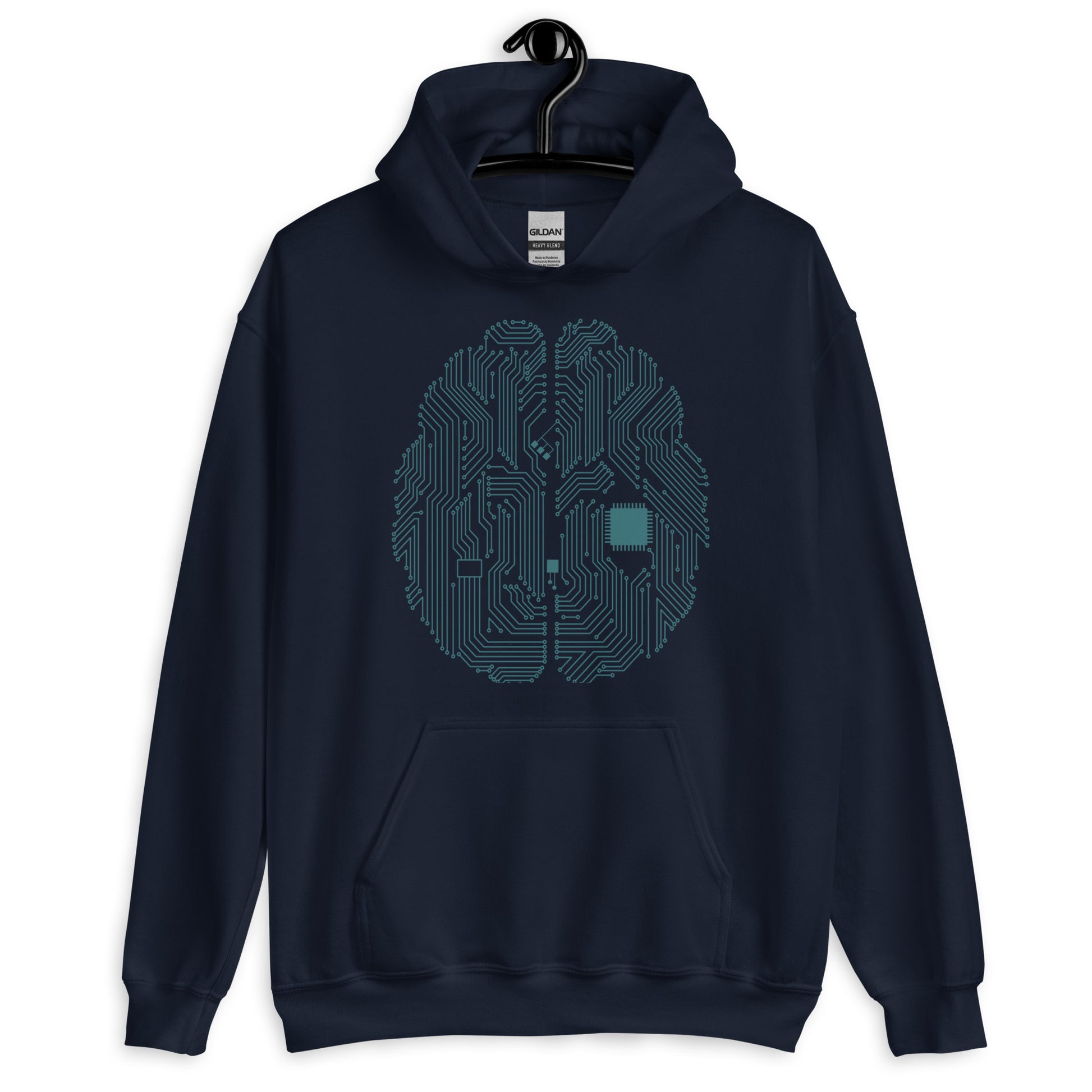 Navy blue hoodie for men and women with a prinf of a CPU brain