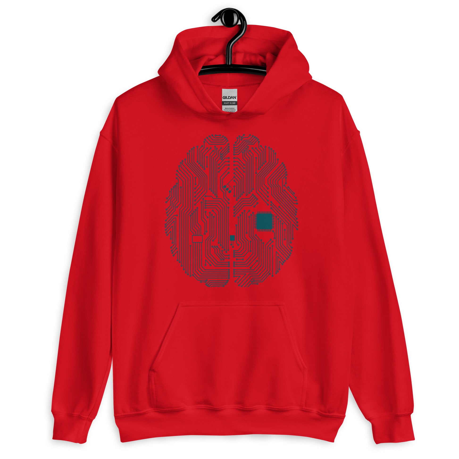 Red hoodie for men and women with a prinf of a CPU brain