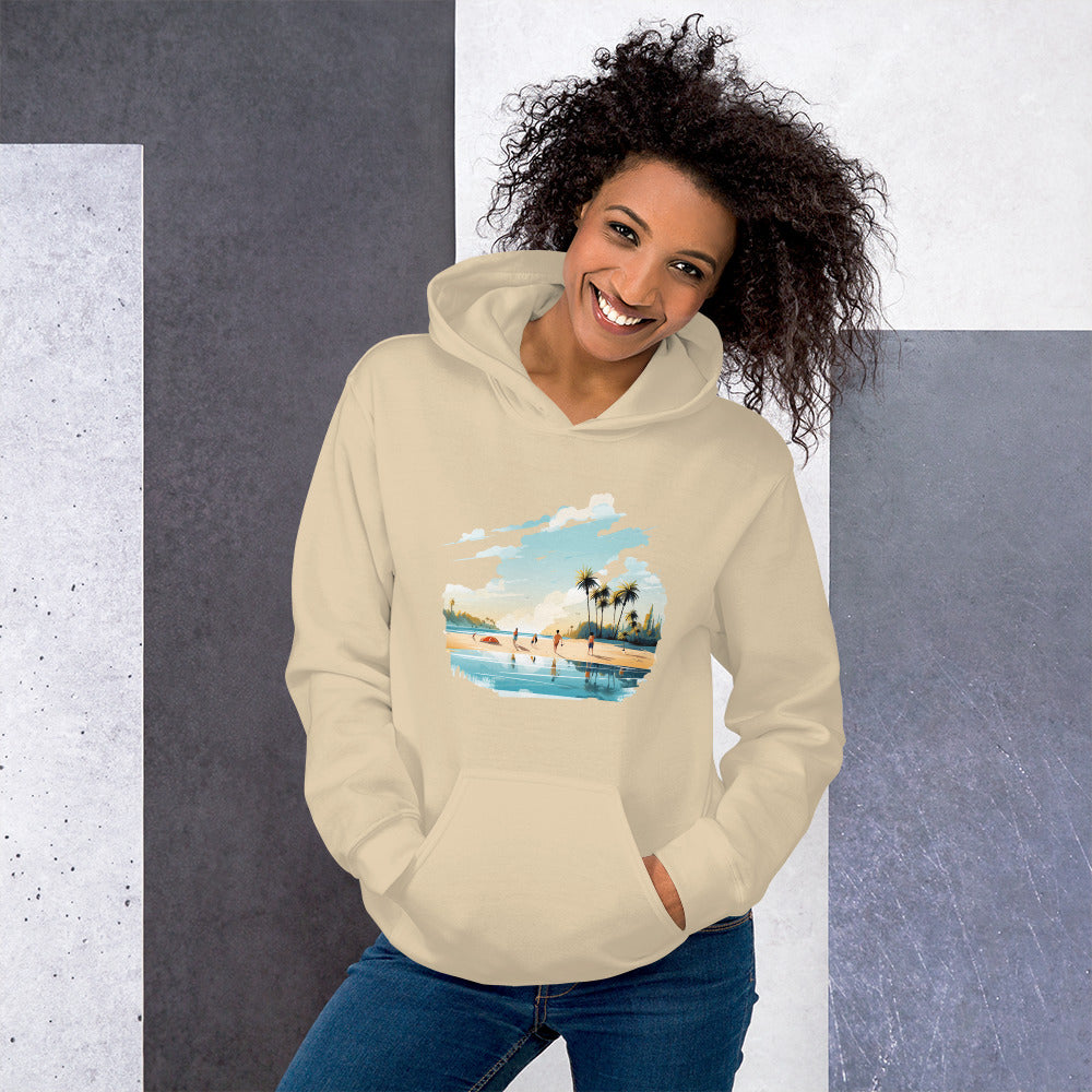 Women with sand hoodie and a picture of a island with sea and sand