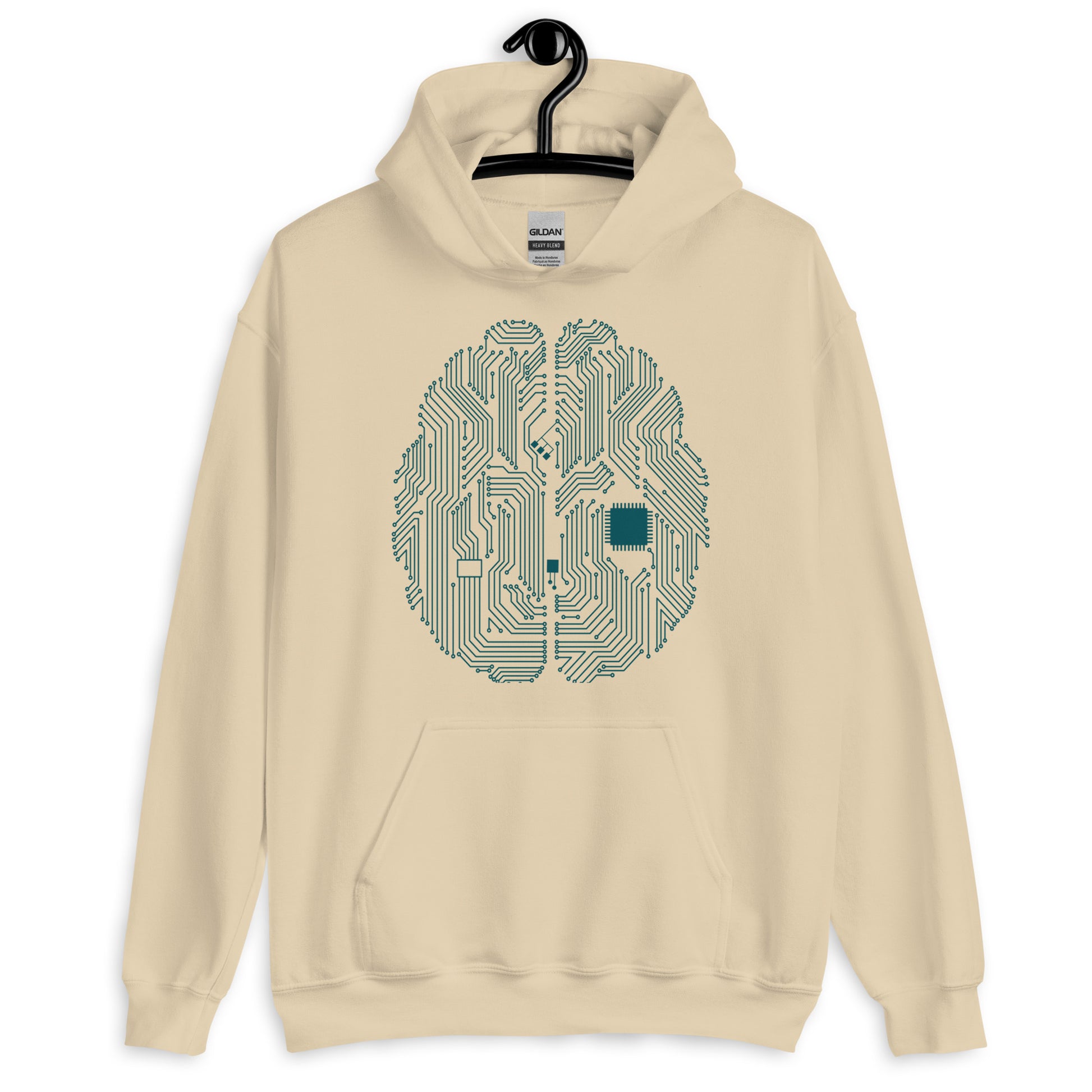 Sand hoodie for men and women with a prinf of a CPU brain