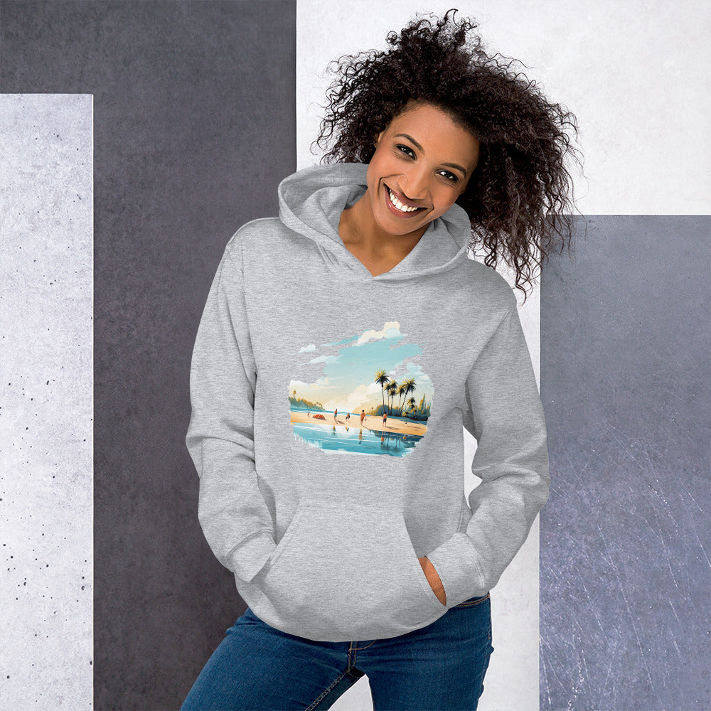 Women with sport grey hoodie and a picture of a island with sea and sand