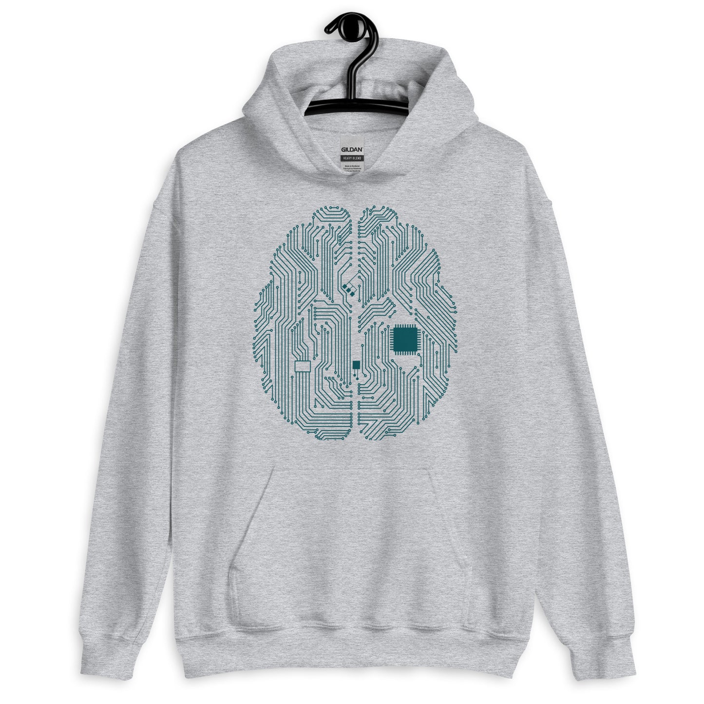 Sport grey hoodie for men and women with a prinf of a CPU brain