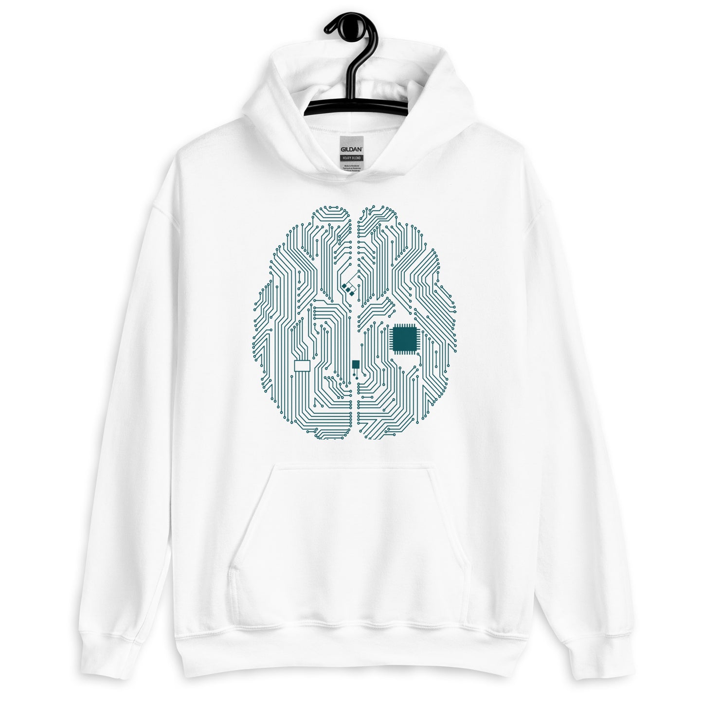 White hoodie for men and women with a prinf of a CPU brain