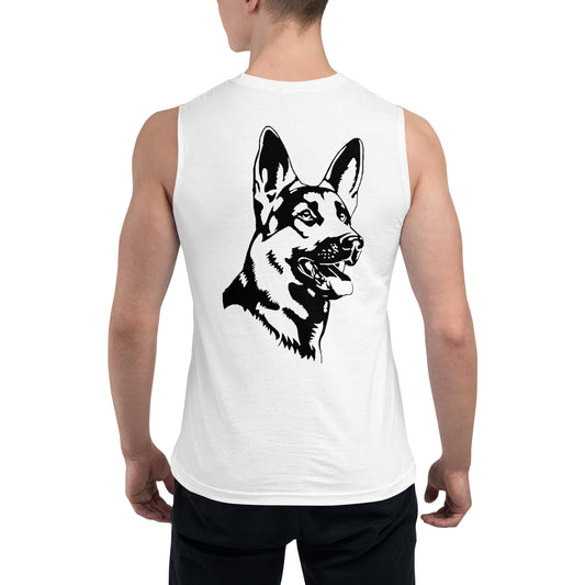 Men with white muscle shirt with German shepherd