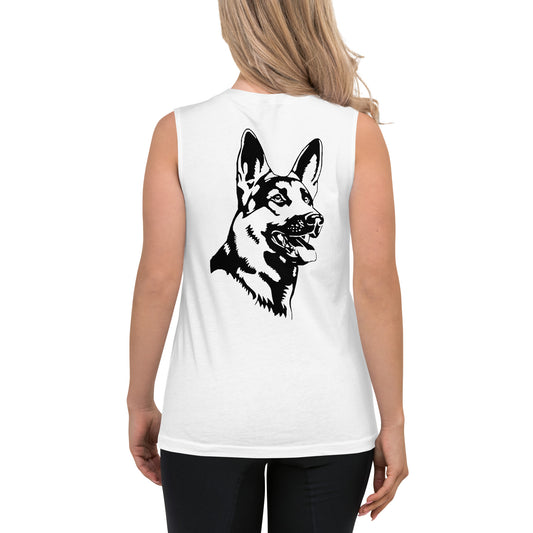 Women with white muscle shirt with German shepherd