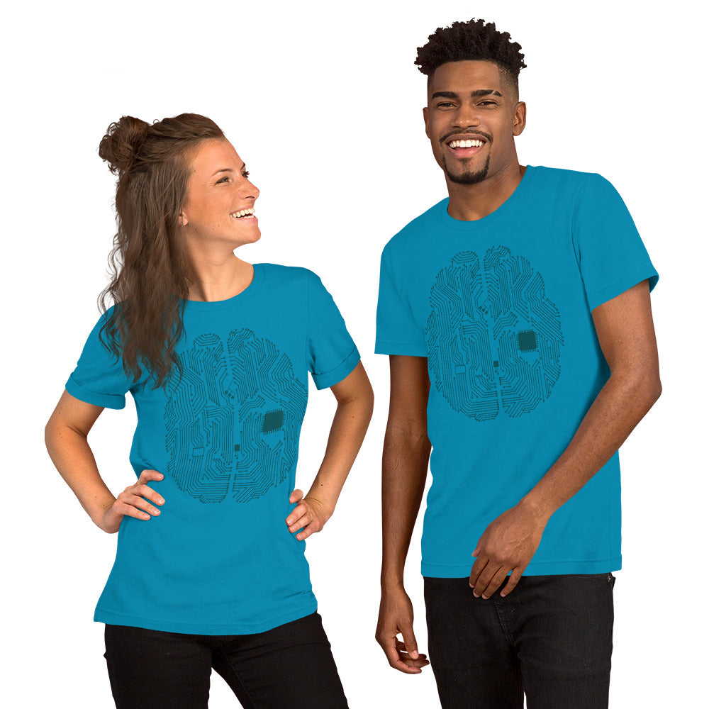 Aqua blue T-shirt for men and women with a print of a CPU brain