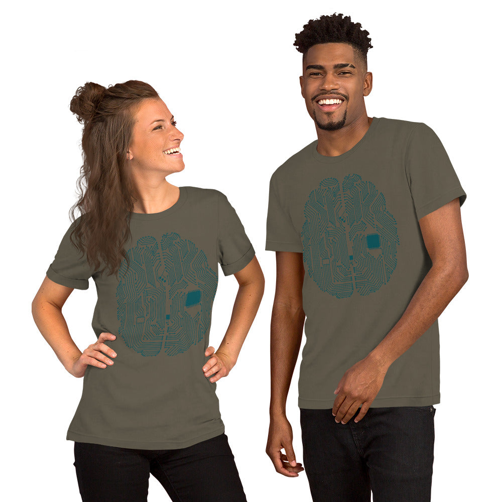 Army green T-shirt for men and women with a print of a CPU brain