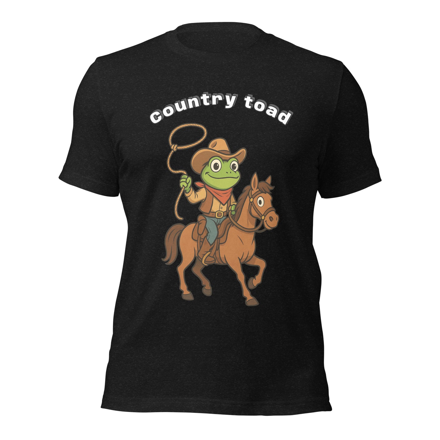 Black t shirt with on front a picture of a toad on a horse in country style