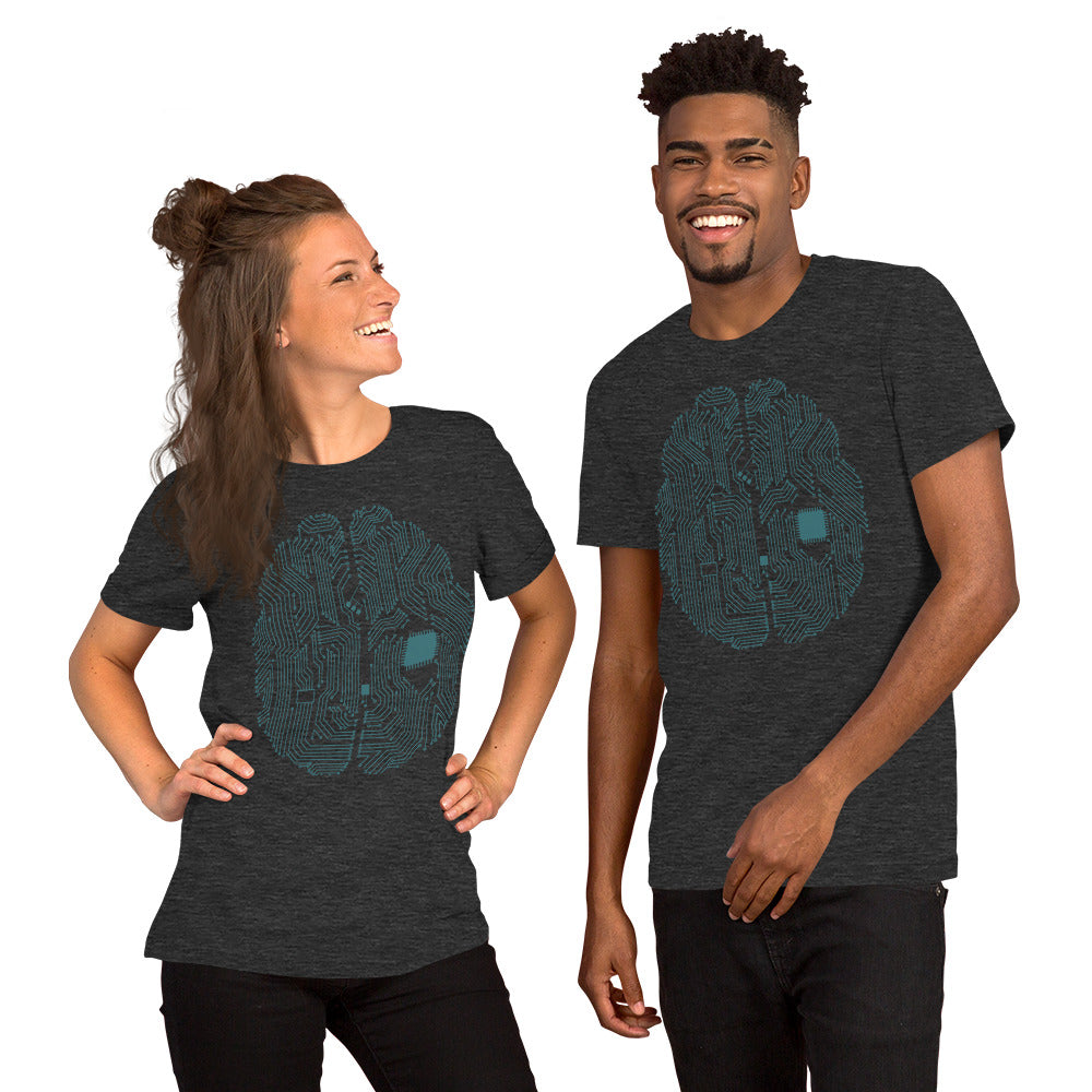 Dark grey T-shirt for men and women with a print of a CPU brain