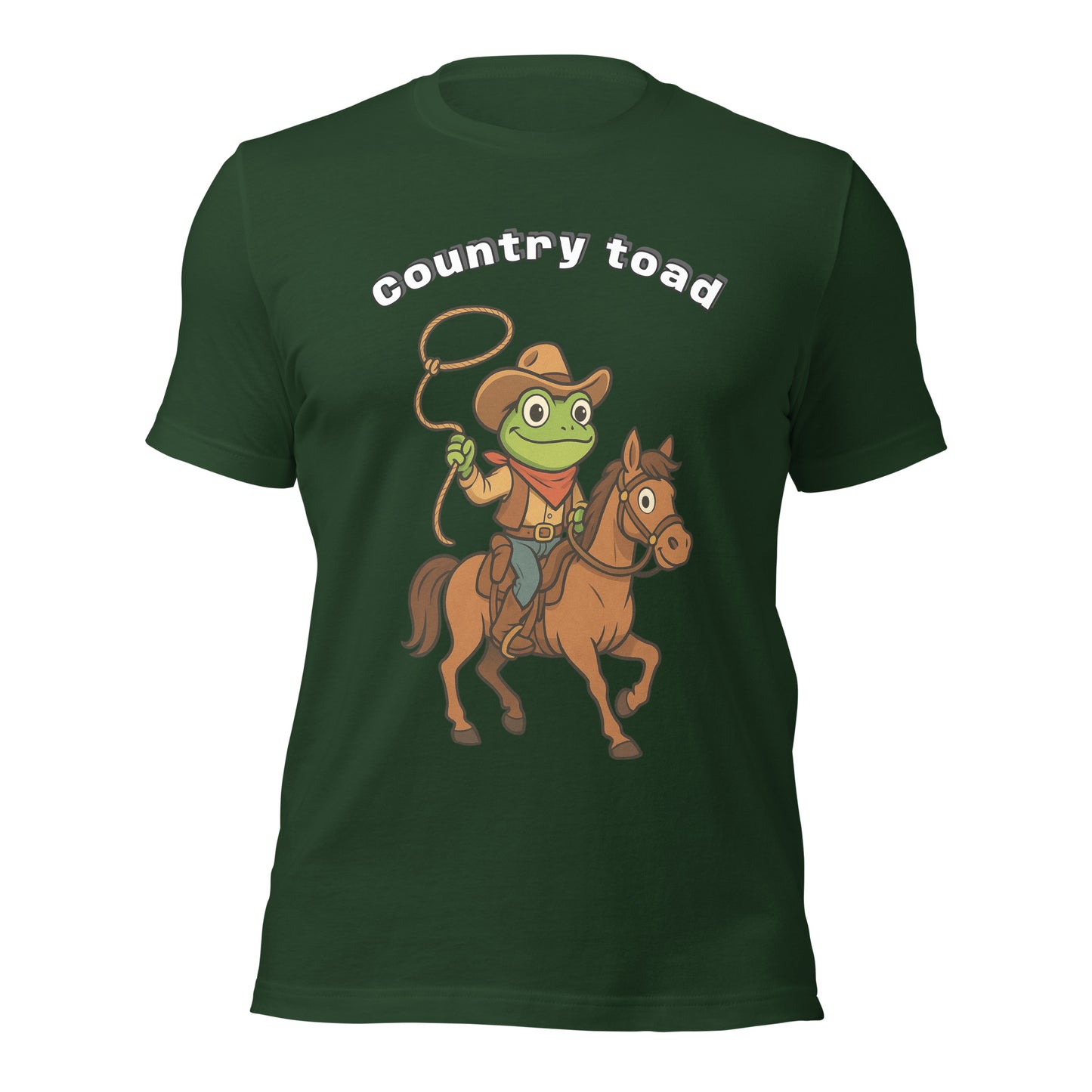 Green t shirt with on front a picture of a toad on a horse in country style