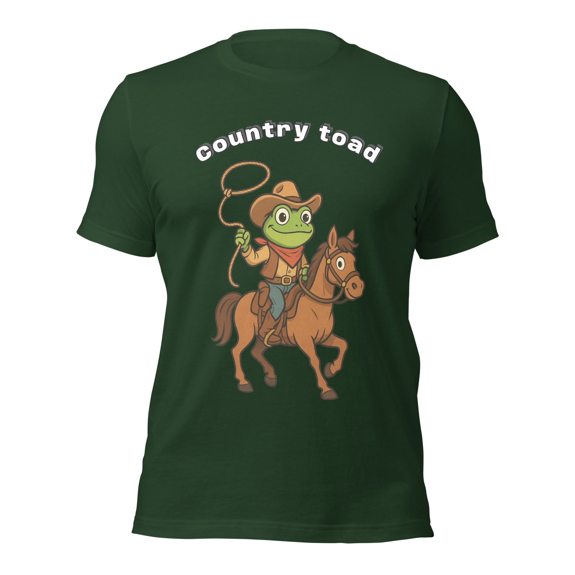 Green t shirt with on front a picture of a toad on a horse in country style