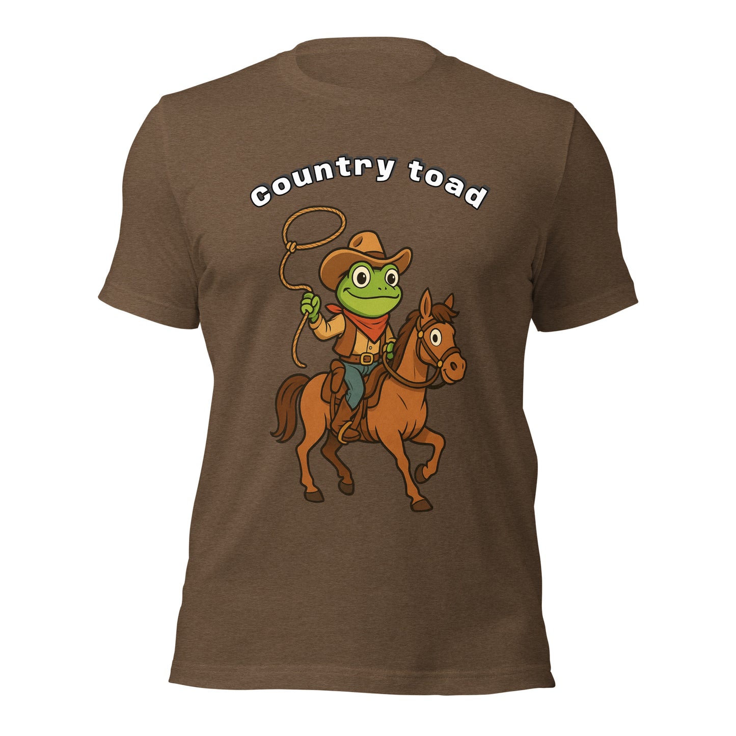 Brown t shirt with on front a picture of a toad on a horse in country style