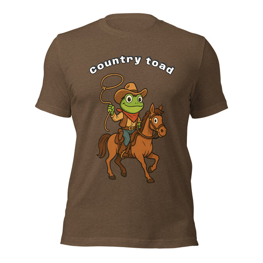 Brown t shirt with on front a picture of a toad on a horse in country style