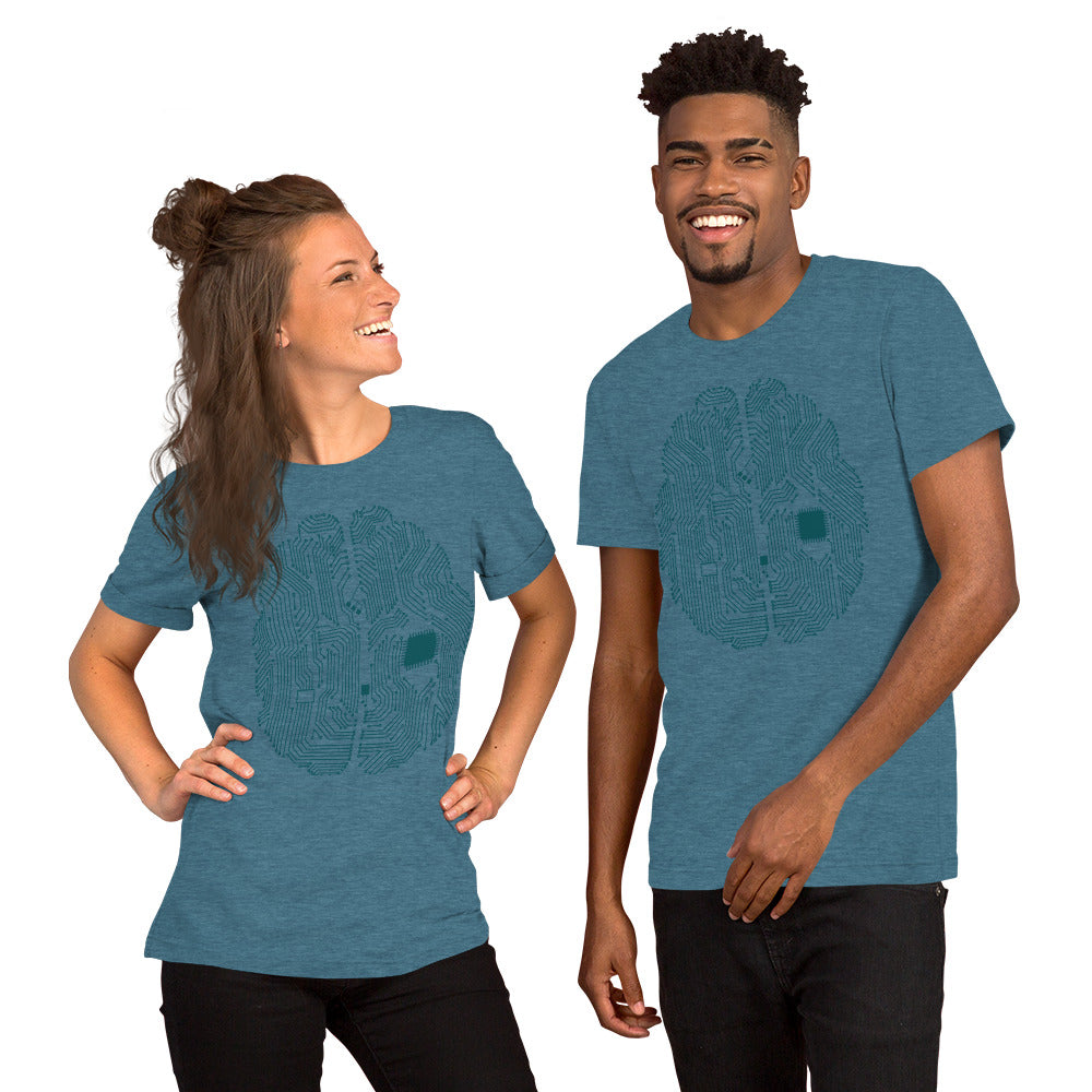 Deep teal T-shirt for men and women with a print of a CPU brain