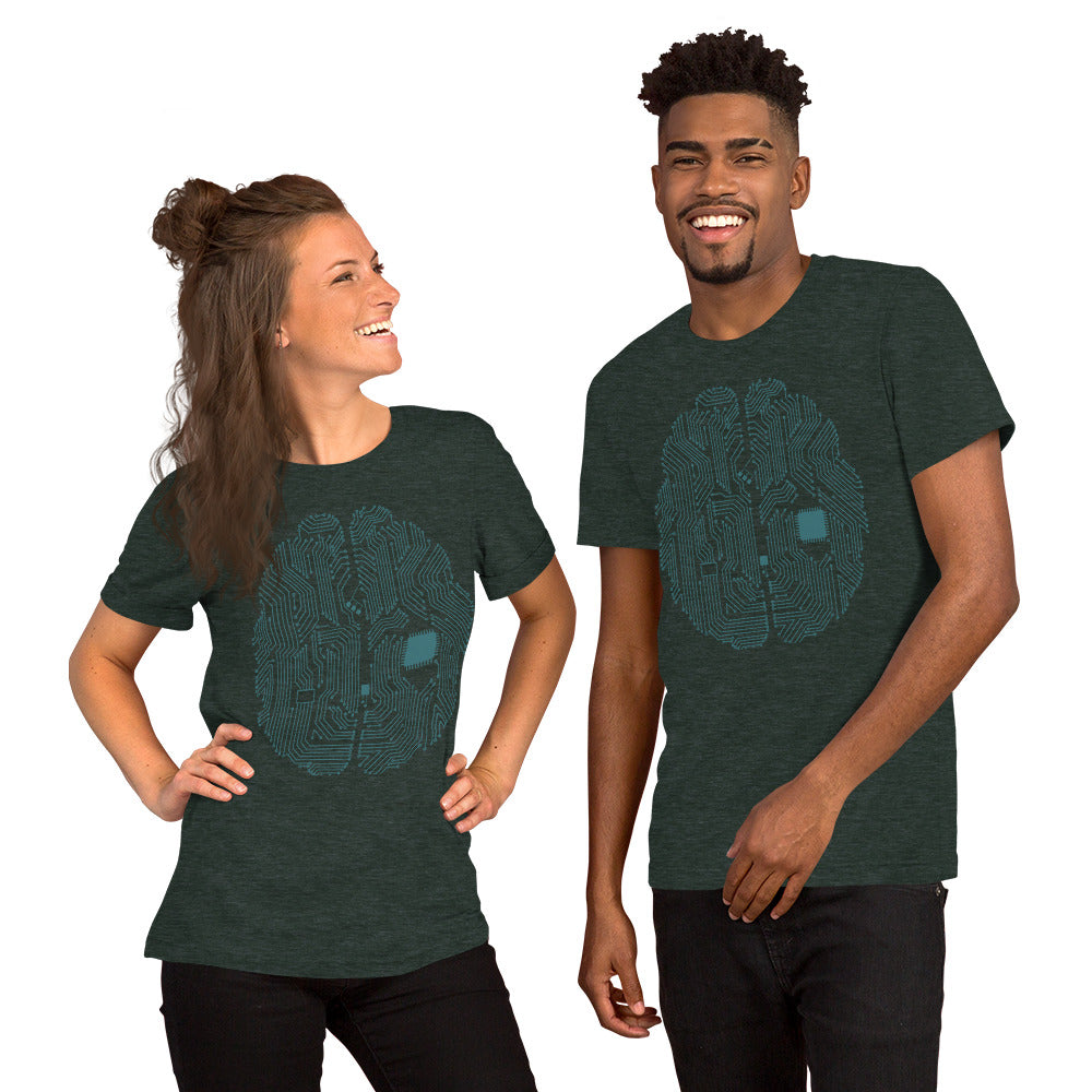 Forest green T-shirt for men and women with a print of a CPU brain