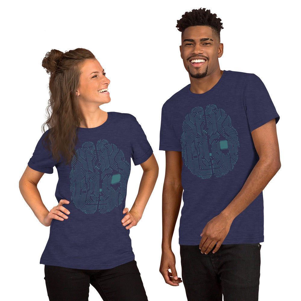 Midnight blue T-shirt for men and women with a print of a CPU brain